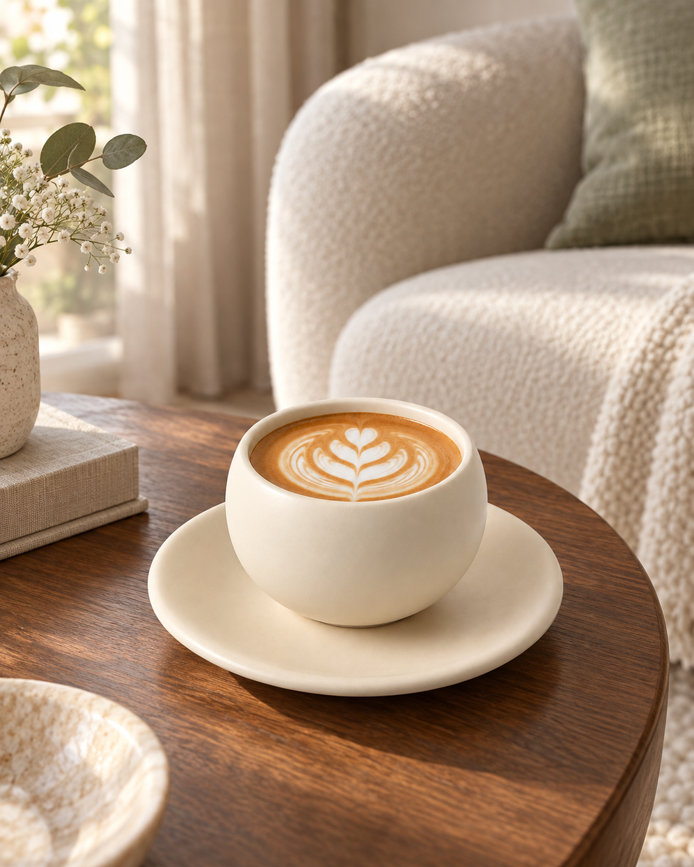 Beige Keramiktasse 300 ml mit Untertasse auf einem Walnuss-Couchtisch – KI-generierte Lifestyle-Szene