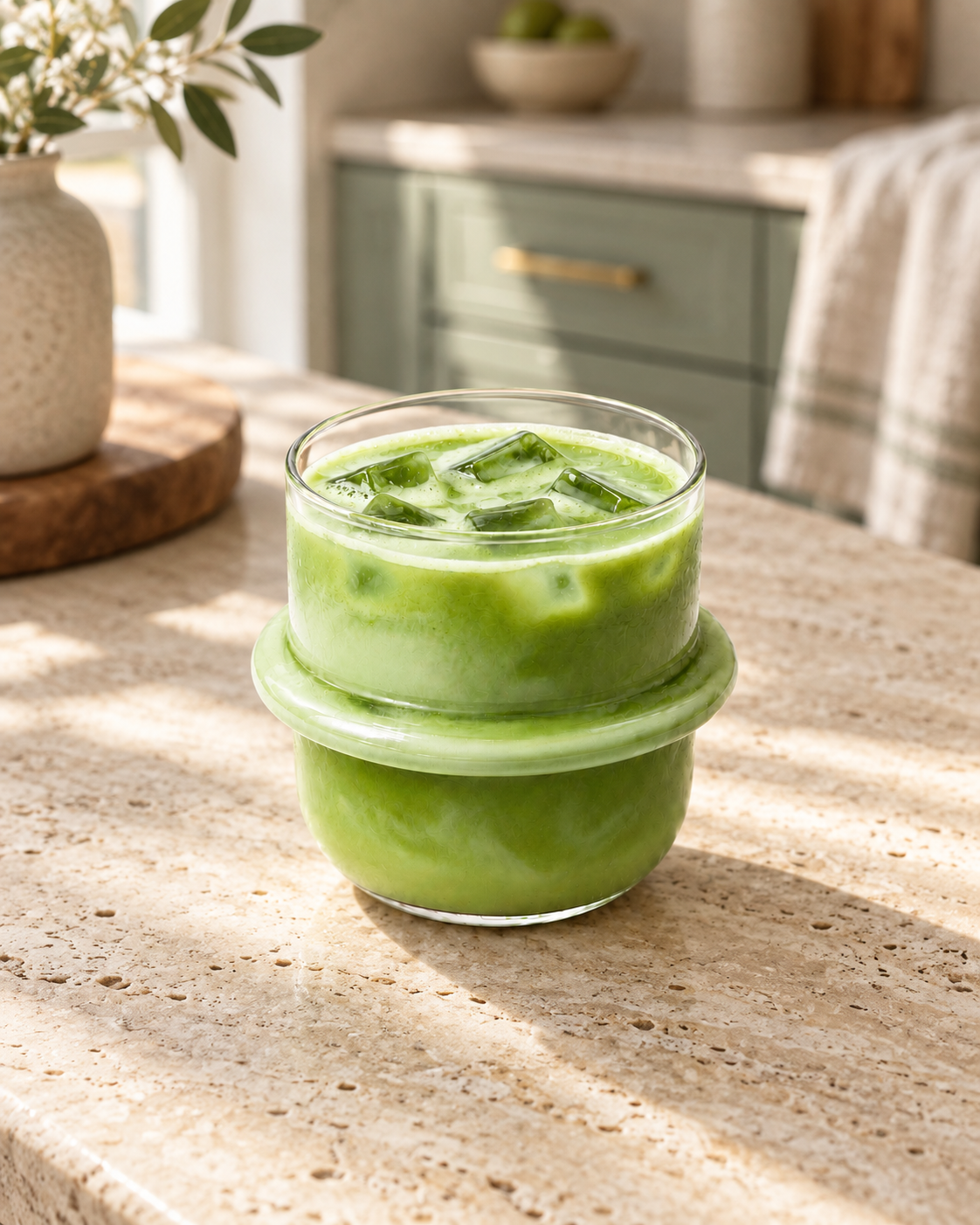 Skulpturaler Glasbecher 250 ml mit Iced Matcha auf einer Travertin-Kücheninsel – KI-generierte Lifestyle-Szene