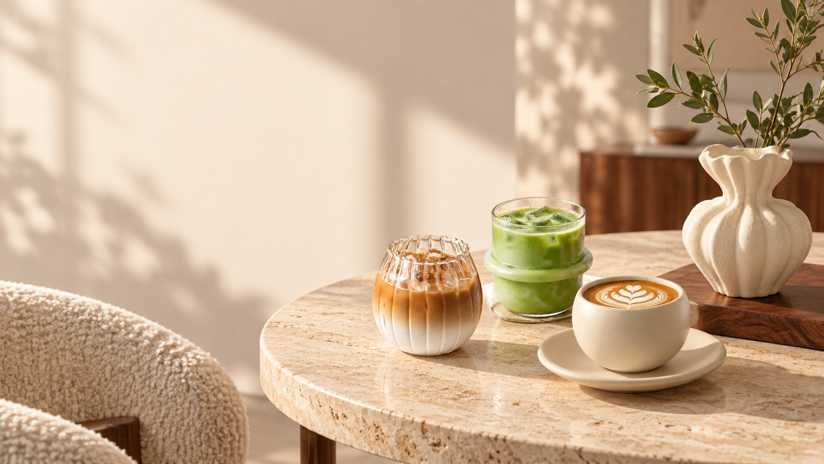 Bysiinoo Gläser, Keramiktasse und skulpturale Vase in einem warmen minimalistischen Interior