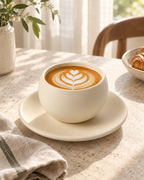 Beige Keramiktasse 300 ml mit Untertasse und Kaffee auf einem Frühstückstisch – KI-generierte Lifestyle-Szene