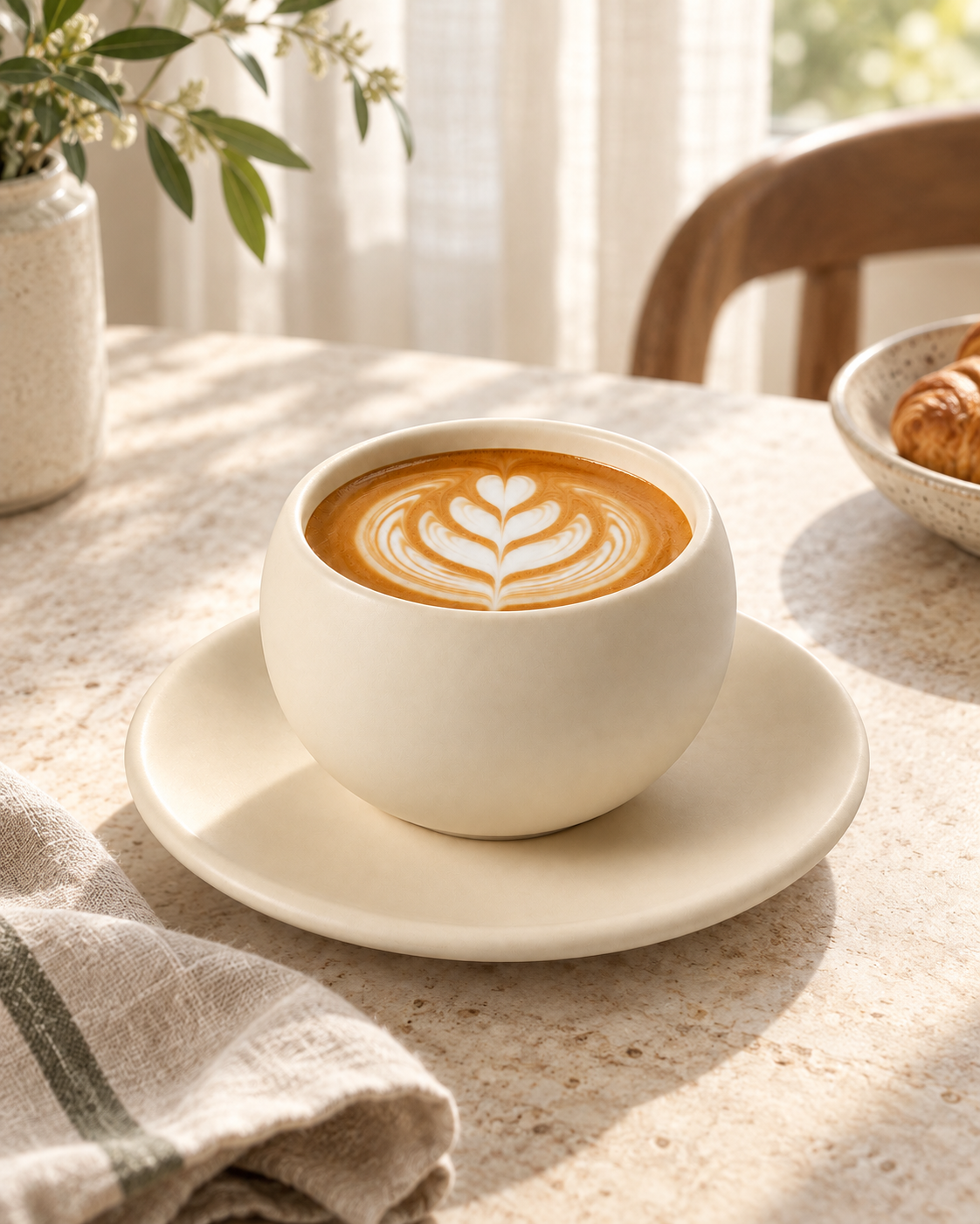 Beige Keramiktasse 300 ml mit Untertasse und Kaffee auf einem Frühstückstisch – KI-generierte Lifestyle-Szene