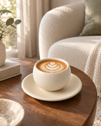 Beige Keramiktasse 300 ml mit Untertasse auf einem Walnuss-Couchtisch – KI-generierte Lifestyle-Szene