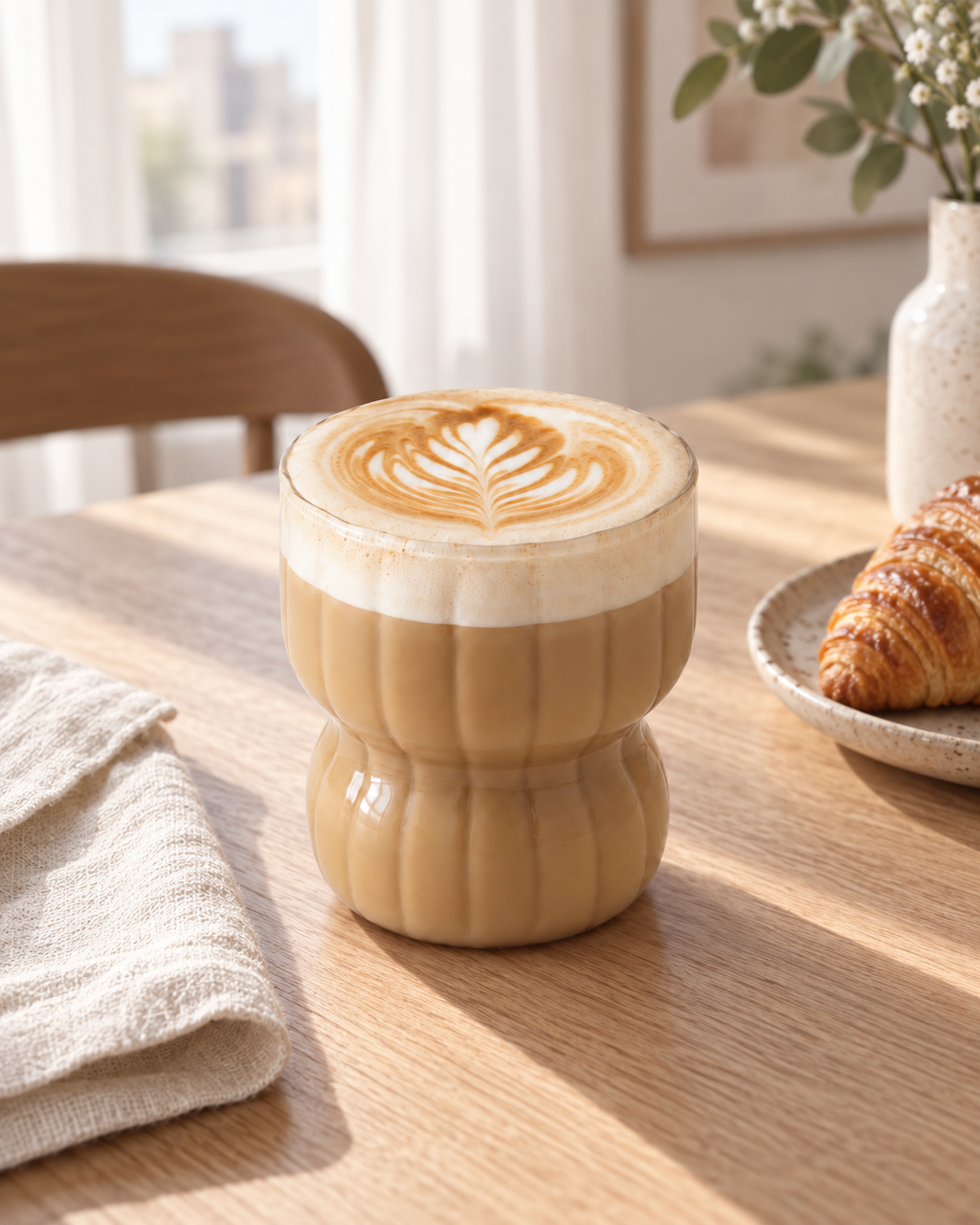 Floraler Glasbecher 260 ml mit Kaffee auf einem hellen Frühstückstisch – KI-generierte Lifestyle-Szene