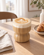 Floraler Glasbecher 260 ml mit Kaffee auf einem hellen Frühstückstisch – KI-generierte Lifestyle-Szene