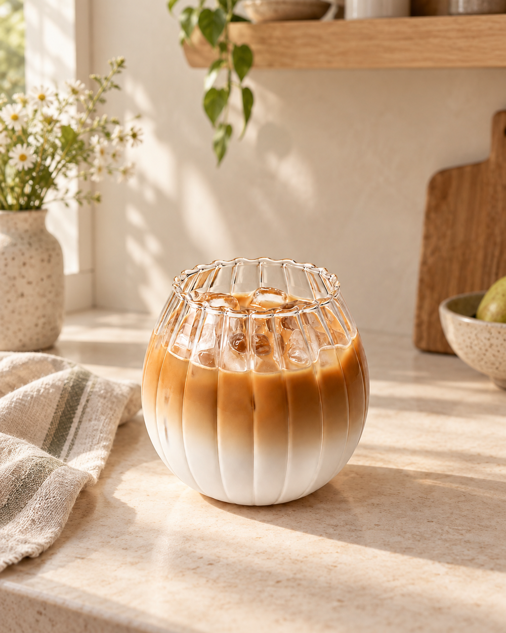 Geriffelter Glasbecher 400 ml mit Iced Coffee in einer hellen Küche – KI-generierte Lifestyle-Szene