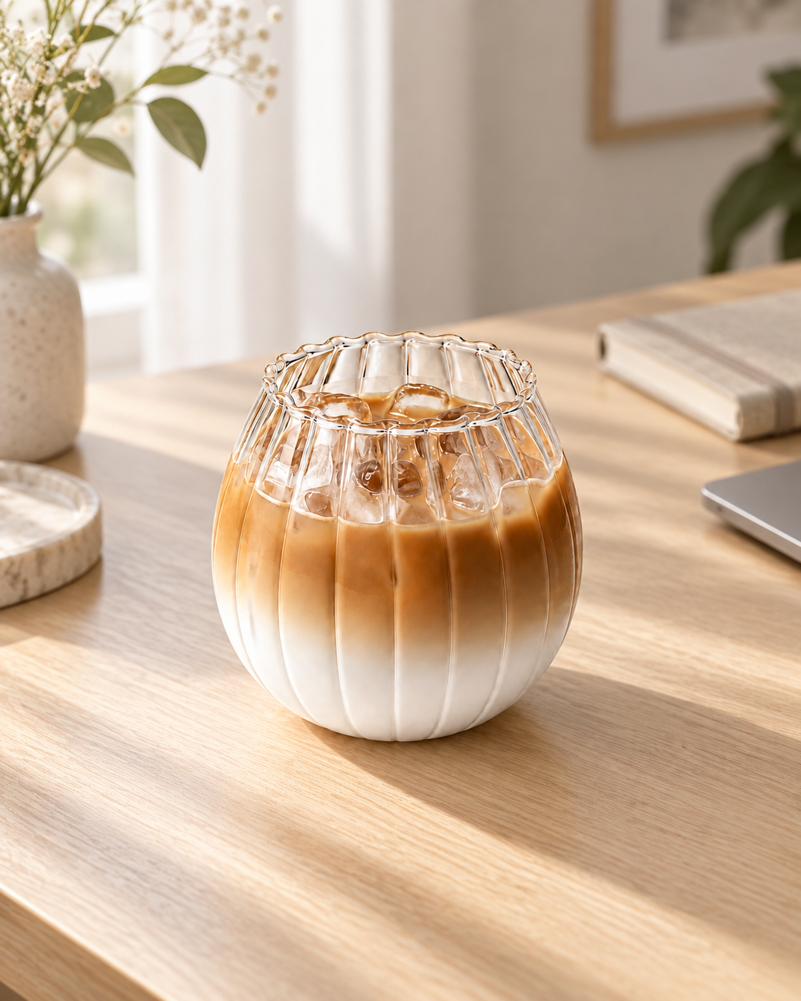 Geriffelter Glasbecher 400 ml mit Iced Coffee auf einem hellen Schreibtisch – KI-generierte Lifestyle-Szene