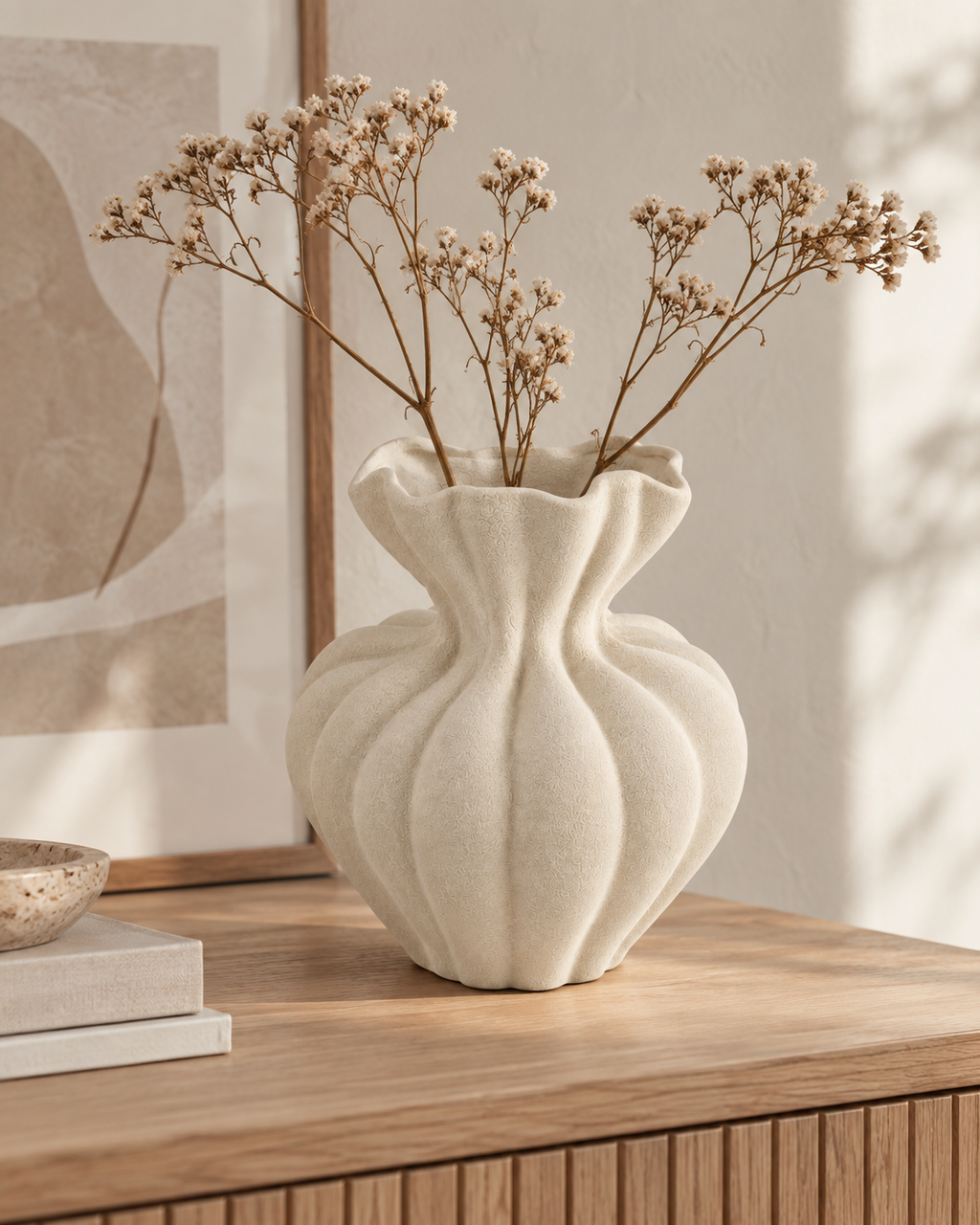 Skulpturale Keramikvase mit Trockenblumen auf einem Eichen-Sideboard – KI-generierte Lifestyle-Szene