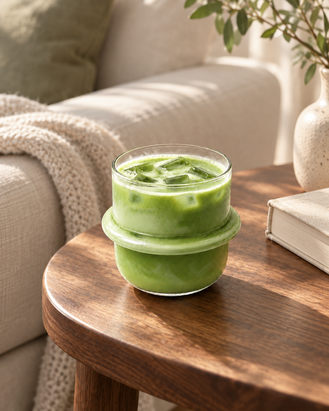 Skulpturaler Glasbecher 250 ml mit Matcha auf einem Walnuss-Beistelltisch – KI-generierte Lifestyle-Szene